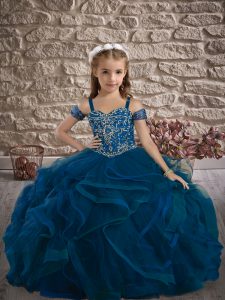 Sleeveless Tulle Sweep Train Lace Up Child Pageant Dress in Blue with Beading and Ruffles