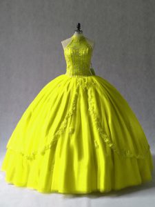 Yellow Green Sleeveless Floor Length Appliques Lace Up Sweet 16 Dress