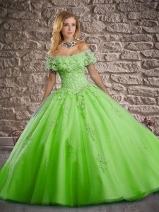 Lace Up Ball Gown Prom Dress Lace and Appliques Short Sleeves Brush Train