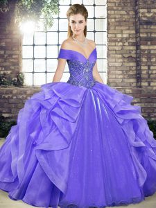 Off The Shoulder Sleeveless 15 Quinceanera Dress Floor Length Beading and Ruffles Lavender Organza