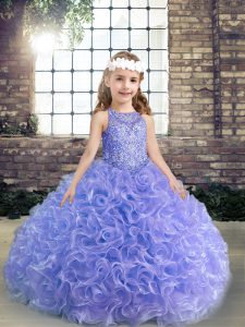 Lavender Fabric With Rolling Flowers Lace Up Child Pageant Dress Sleeveless Floor Length Beading and Ruffles