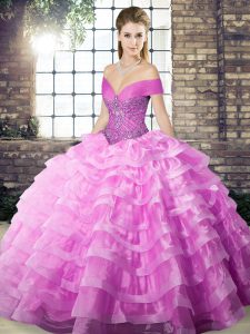 New Style Off The Shoulder Sleeveless Organza Quince Ball Gowns Beading and Ruffled Layers Brush Train Lace Up