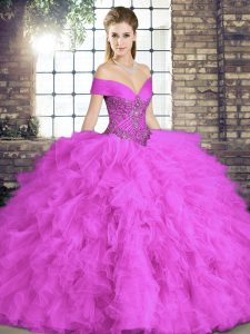Hot Sale Lilac Lace Up Off The Shoulder Beading and Ruffles 15 Quinceanera Dress Tulle Sleeveless