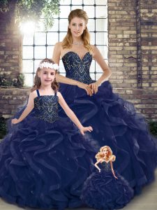 Sleeveless Tulle Floor Length Lace Up Quinceanera Dresses in Navy Blue with Beading and Ruffles
