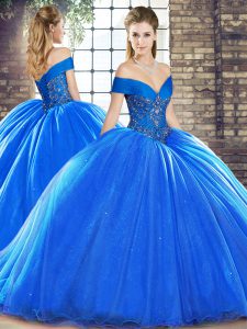 Royal Blue Ball Gowns Off The Shoulder Sleeveless Organza Brush Train Lace Up Beading 15th Birthday Dress
