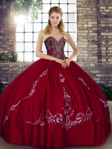 Floor Length Lace Up 15th Birthday Dress Wine Red for Military Ball and Sweet 16 and Quinceanera with Beading and Embroi