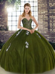 Best Olive Green Sleeveless Tulle Lace Up Ball Gown Prom Dress for Military Ball and Sweet 16 and Quinceanera