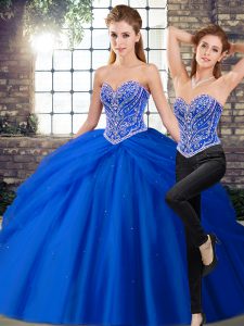 Classical Royal Blue Two Pieces Tulle Sweetheart Sleeveless Beading and Pick Ups Lace Up Quinceanera Gowns Brush Train