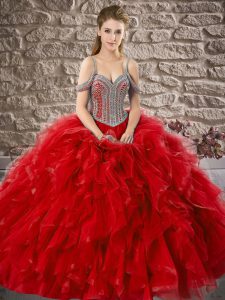 Charming Off The Shoulder Sleeveless Tulle Quinceanera Dresses Beading and Ruffles Lace Up