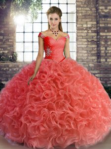 Watermelon Red Ball Gowns Beading Ball Gown Prom Dress Lace Up Fabric With Rolling Flowers Sleeveless Floor Length