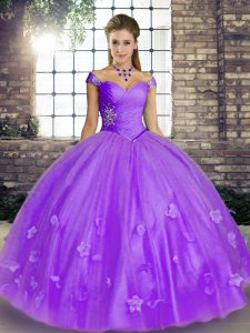 Superior Lavender Tulle Lace Up Quince Ball Gowns Sleeveless Floor Length Beading and Appliques
