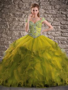 Vintage Olive Green Lace Up Off The Shoulder Beading and Ruffles Sweet 16 Dresses Tulle Cap Sleeves Brush Train