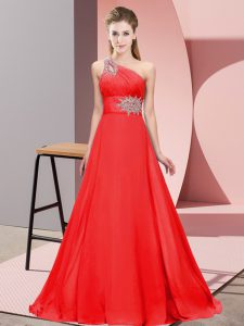 Red Lace Up One Shoulder Beading Dress for Prom Chiffon Sleeveless Brush Train
