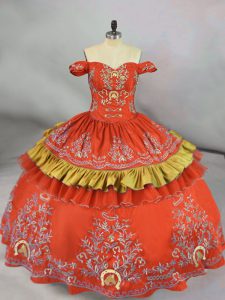 Customized Embroidery Quinceanera Dress Orange Red Lace Up Sleeveless Floor Length