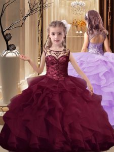 Gorgeous Burgundy Ball Gowns Beading and Ruffles Little Girl Pageant Gowns Lace Up Organza Sleeveless