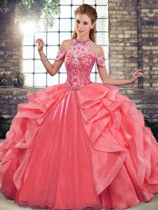 Elegant Watermelon Red Sleeveless Organza Lace Up 15 Quinceanera Dress for Military Ball and Sweet 16 and Quinceanera