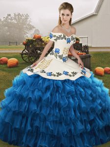 Extravagant Ball Gowns Ball Gown Prom Dress Blue And White Off The Shoulder Organza Sleeveless Floor Length Lace Up