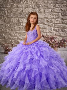 Lavender Sleeveless Organza Sweep Train Lace Up Pageant Dress for Teens for Wedding Party