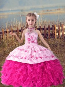 Hot Pink Lace Up Halter Top Beading and Embroidery and Ruffles Little Girl Pageant Dress Organza Sleeveless