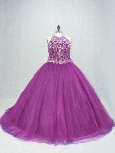 Luxurious Sleeveless Tulle Lace Up Sweet 16 Dresses in Purple with Beading