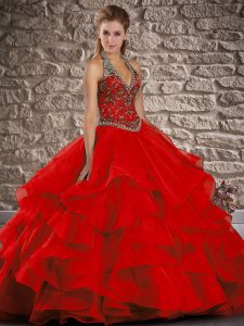 Delicate Lace Up Quinceanera Gown Red for Military Ball and Sweet 16 and Quinceanera with Beading and Ruffles Brush Trai