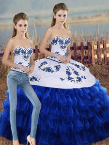 Royal Blue Sleeveless Embroidery and Ruffled Layers and Bowknot Floor Length Sweet 16 Dresses