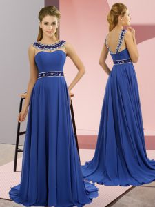 Glamorous Empire Sleeveless Royal Blue Prom Dress Brush Train Zipper