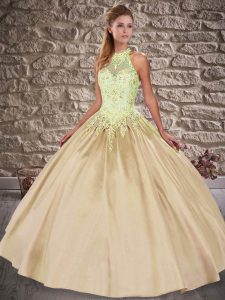 Flirting Champagne Lace Up Quinceanera Gowns Embroidery Sleeveless Brush Train