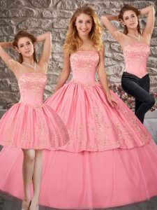 Watermelon Red Satin and Tulle Lace Up Quinceanera Dress Sleeveless Brush Train Embroidery