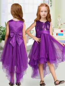 Fashionable Purple A-line Scoop Sleeveless Organza High Low Zipper Sequins and Bowknot Flower Girl Dresses for Less
