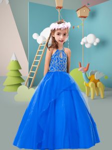 High Class Tulle Halter Top Sleeveless Zipper Beading Little Girls Pageant Gowns in Royal Blue