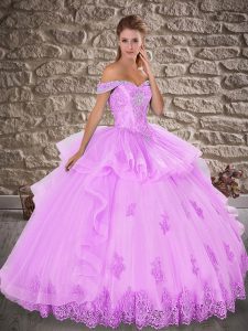 Lovely Lilac Ball Gowns Beading and Lace 15 Quinceanera Dress Lace Up Tulle Sleeveless Floor Length