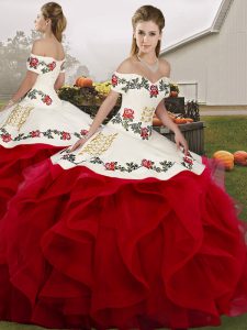 Eye-catching White And Red Tulle Lace Up Off The Shoulder Sleeveless Floor Length Sweet 16 Dresses Embroidery and Ruffle