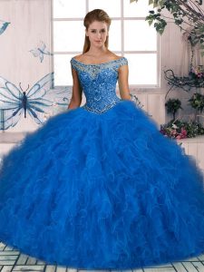 Unique Beading and Ruffles Quince Ball Gowns Blue Lace Up Sleeveless