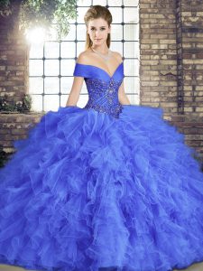 Decent Blue Ball Gowns Beading and Ruffles Sweet 16 Dress Lace Up Tulle Sleeveless Floor Length
