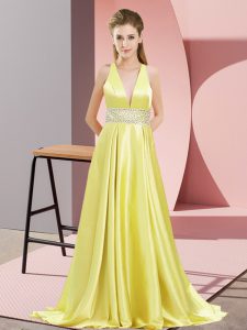 Yellow Empire Beading Prom Gown Backless Elastic Woven Satin Sleeveless