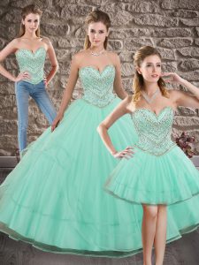 Stunning Apple Green Tulle Lace Up Sweet 16 Dress Sleeveless Brush Train Beading and Ruffles