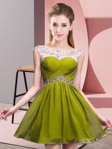 Olive Green A-line Scoop Sleeveless Chiffon Mini Length Backless Beading and Ruching Homecoming Dress