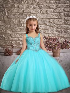 Nice Sleeveless Floor Length Beading Lace Up Child Pageant Dress with Aqua Blue