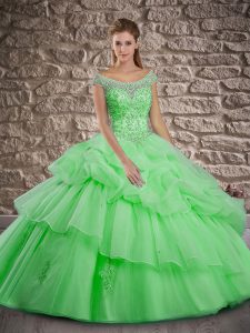 Decent Beading and Pick Ups 15 Quinceanera Dress Green Lace Up Cap Sleeves Brush Train