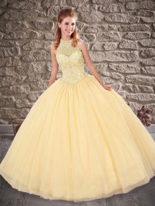 Gold Sleeveless Floor Length Beading Lace Up Sweet 16 Dress