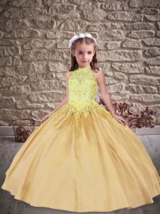 Sweep Train Ball Gowns Little Girl Pageant Dress Gold Halter Top Satin Sleeveless Lace Up