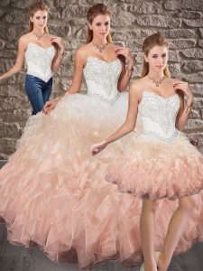 Multi-color Three Pieces Sweetheart Sleeveless Organza Sweep Train Lace Up Beading and Ruffles Quince Ball Gowns