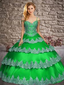 Trendy Green Sleeveless Satin Lace Up 15 Quinceanera Dress for Military Ball and Sweet 16 and Quinceanera