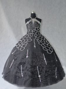 Ball Gowns Ball Gown Prom Dress Black Halter Top Organza Sleeveless Floor Length Lace Up