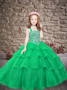 Custom Made Turquoise Straps Lace Up Embroidery and Ruffled Layers Kids Pageant Dress Sweep Train Sleeveless