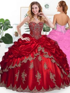 Best Beading and Appliques and Pick Ups Quinceanera Gowns Wine Red Lace Up Sleeveless Floor Length