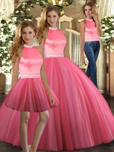 Modern Halter Top Sleeveless Quinceanera Gowns Floor Length Beading Coral Red Tulle