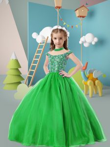 On Sale Ball Gowns Pageant Dress for Teens Green High-neck Tulle Cap Sleeves Floor Length Zipper