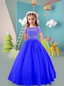 Chiffon Off The Shoulder Short Sleeves Zipper Beading Little Girls Pageant Dress in Royal Blue